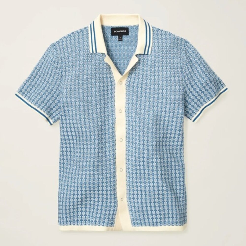 Bonobos Hudson Cabana Sweater Polo Blue Snow Cotton Geo